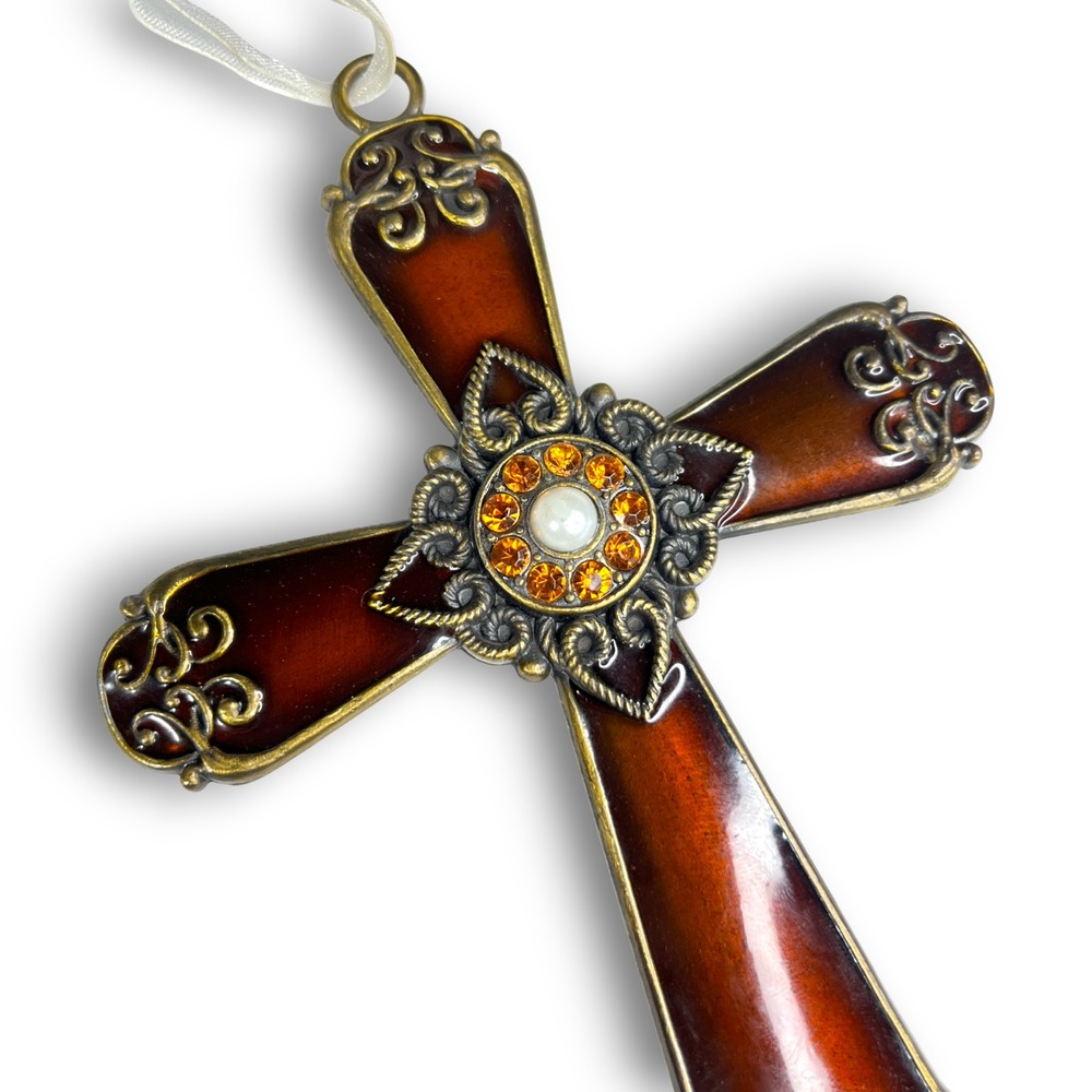 Kirkland Decorative Enamel Wall Cross Amber Rhinestone Faux Pearl Metal Base